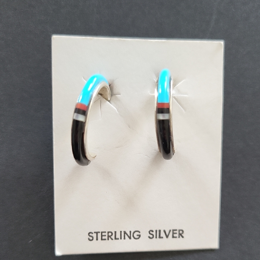Sterling Silver Turquoise and Black Hoop Earrings